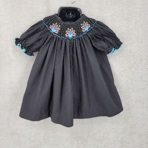 Stellybelly Turkey Thanksgiving Smocked Black Polka Dot Ricrac Trim Girls' Top
